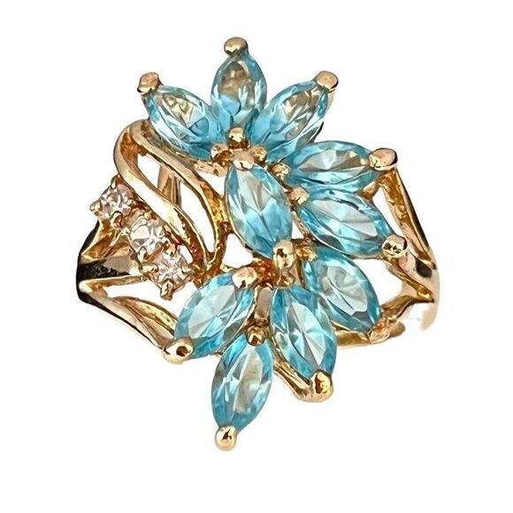 Vintage Ring Size 6 Blue Crystal Cluster 14K Gold Plate Mid-Century 14E - Picture 9 of 14